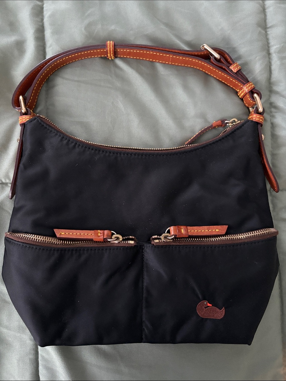 Dooney & Bourke Black Nylon Shoulder Bag with Brown Leather Trim